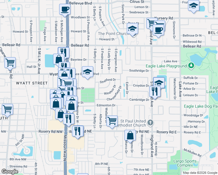 map of restaurants, bars, coffee shops, grocery stores, and more near 1324 Windsor Drive in Clearwater