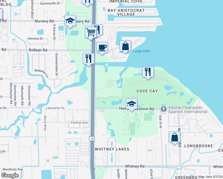 map of restaurants, bars, coffee shops, grocery stores, and more near 1100 Cove Cay Drive in Clearwater