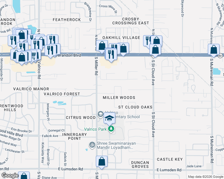 map of restaurants, bars, coffee shops, grocery stores, and more near 2514 Miller Woods Court in Valrico