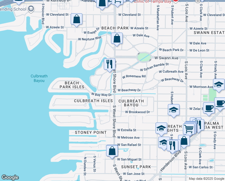 map of restaurants, bars, coffee shops, grocery stores, and more near 4802 West Beachway Drive in Tampa
