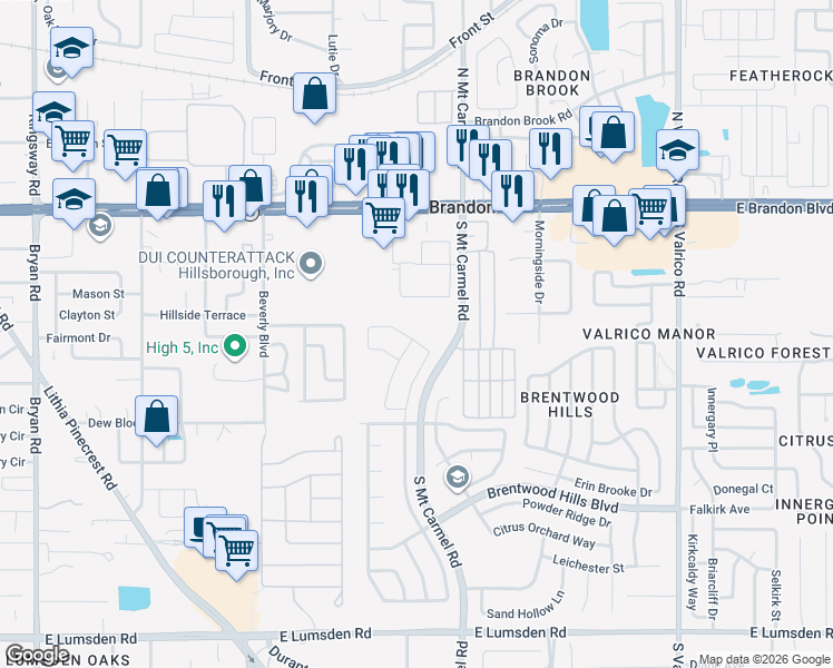 map of restaurants, bars, coffee shops, grocery stores, and more near 601 Tuscanny Street in Brandon