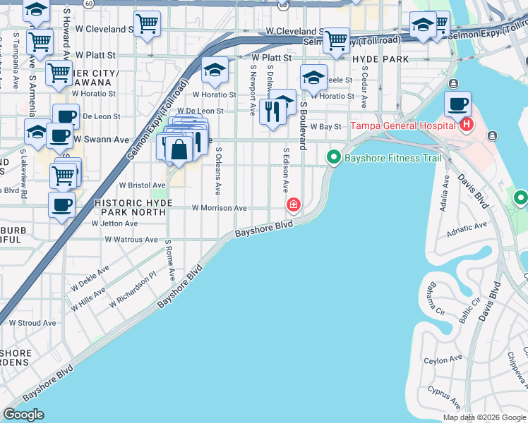map of restaurants, bars, coffee shops, grocery stores, and more near 901 South Delaware Avenue in Tampa