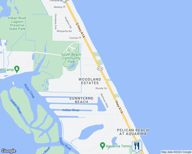 map of restaurants, bars, coffee shops, grocery stores, and more near 215 Camino Place in Melbourne Beach