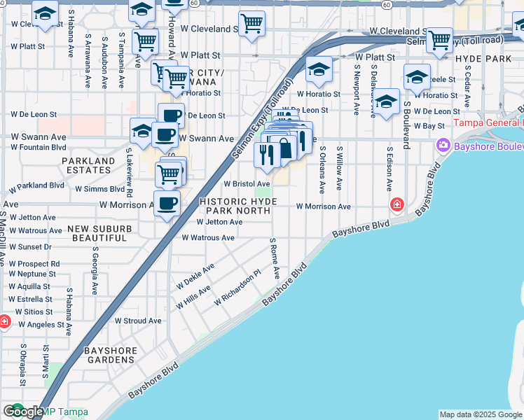 map of restaurants, bars, coffee shops, grocery stores, and more near 1701 West Jetton Avenue in Tampa