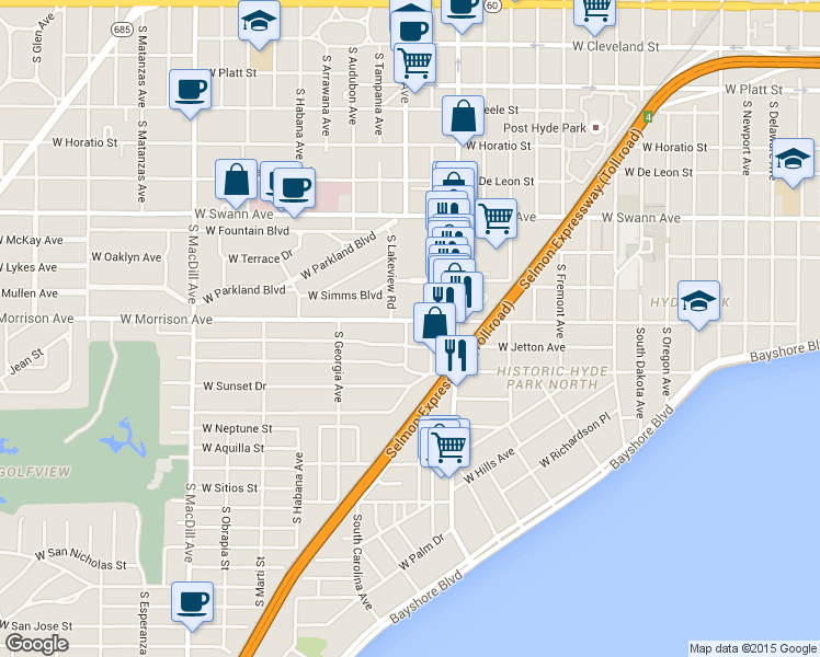 map of restaurants, bars, coffee shops, grocery stores, and more near 2419 West Jetton Avenue in Tampa