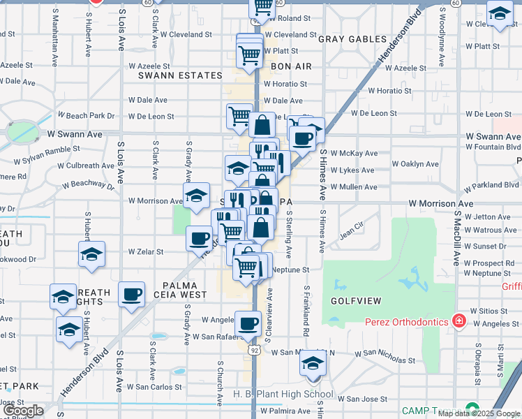map of restaurants, bars, coffee shops, grocery stores, and more near 1001 South Dale Mabry Highway in Tampa