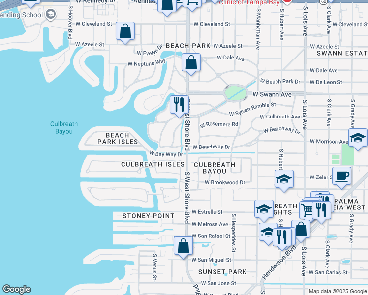 map of restaurants, bars, coffee shops, grocery stores, and more near 904 South West Shore Boulevard in Tampa