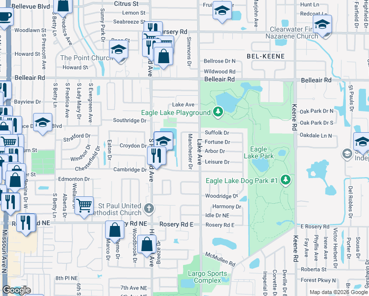 map of restaurants, bars, coffee shops, grocery stores, and more near 1739 Manchester Drive in Clearwater