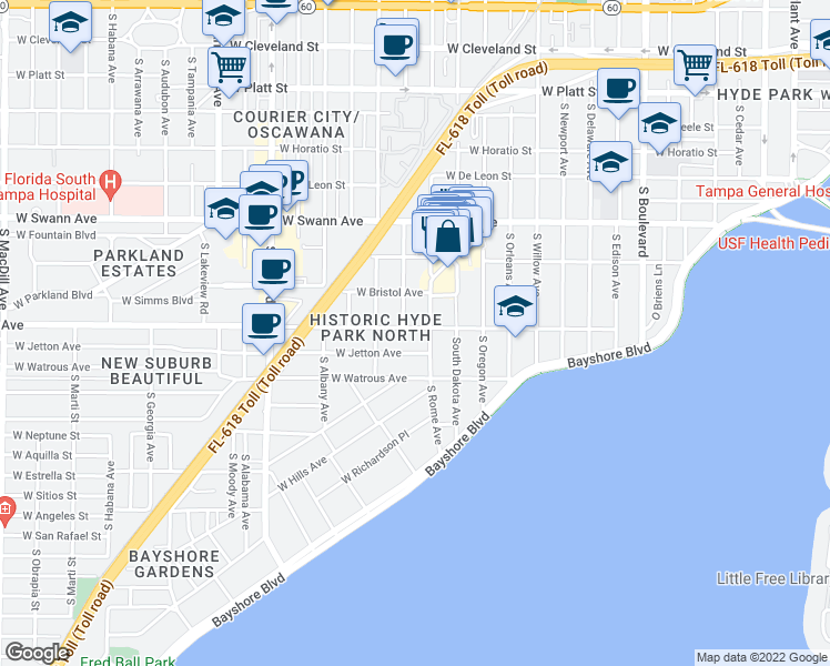 map of restaurants, bars, coffee shops, grocery stores, and more near 1701 West Jetton Avenue in Tampa