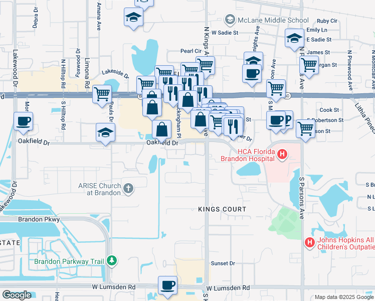 map of restaurants, bars, coffee shops, grocery stores, and more near 5161 Champagne Lane in Brandon