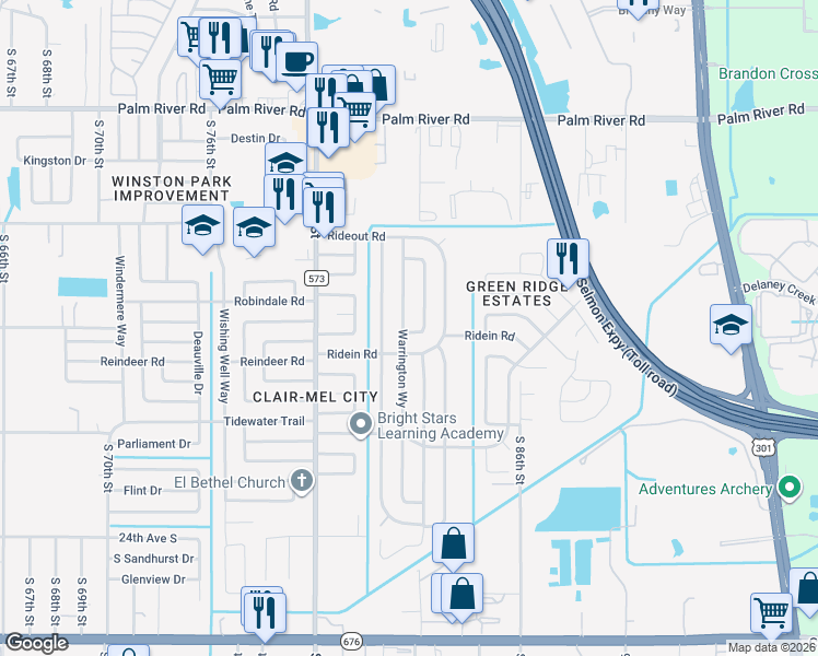 map of restaurants, bars, coffee shops, grocery stores, and more near 1332 Warrington Way in Tampa