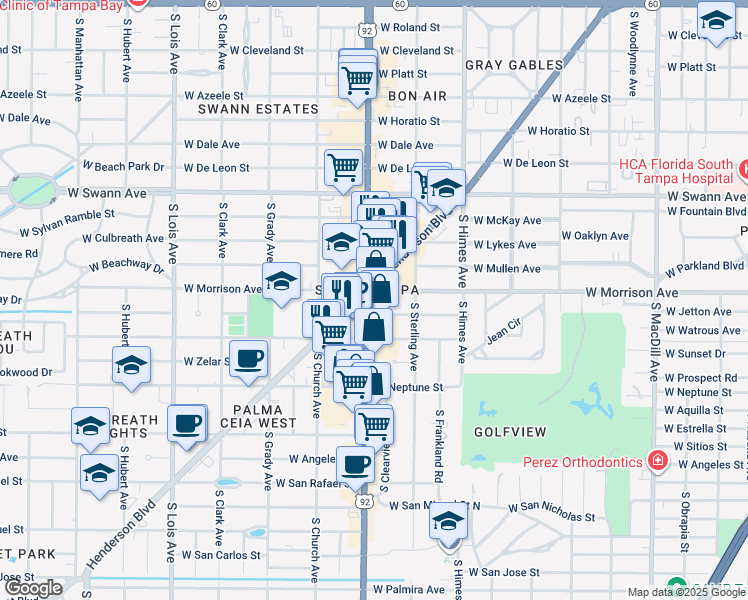 map of restaurants, bars, coffee shops, grocery stores, and more near 1000 South Dale Mabry Highway in Tampa