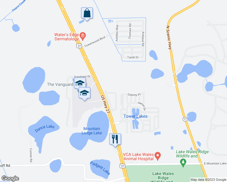 map of restaurants, bars, coffee shops, grocery stores, and more near 103 Tower Point Circle in Lake Wales