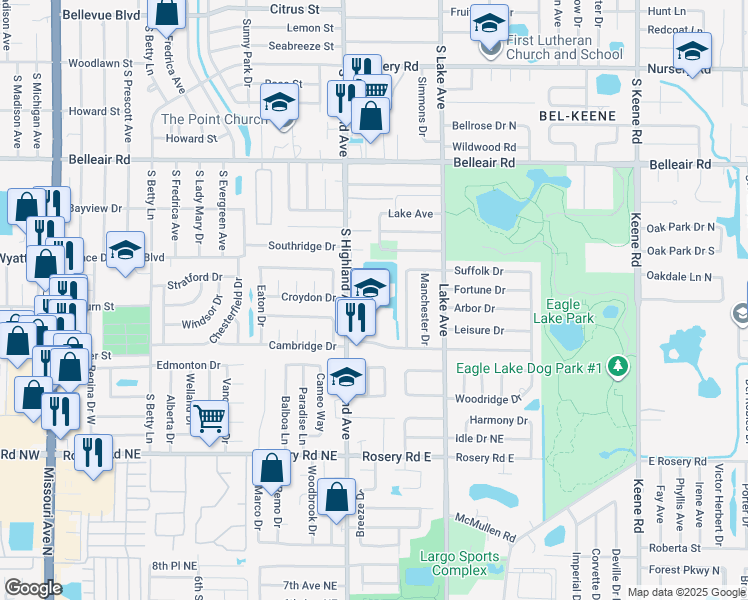 map of restaurants, bars, coffee shops, grocery stores, and more near 1775 South Highland Avenue in Clearwater