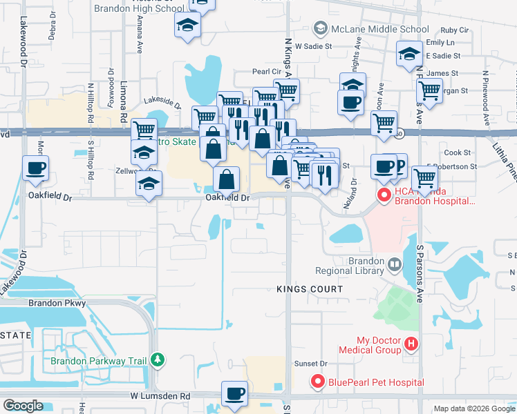 map of restaurants, bars, coffee shops, grocery stores, and more near 5161 Champagne Lane in Brandon