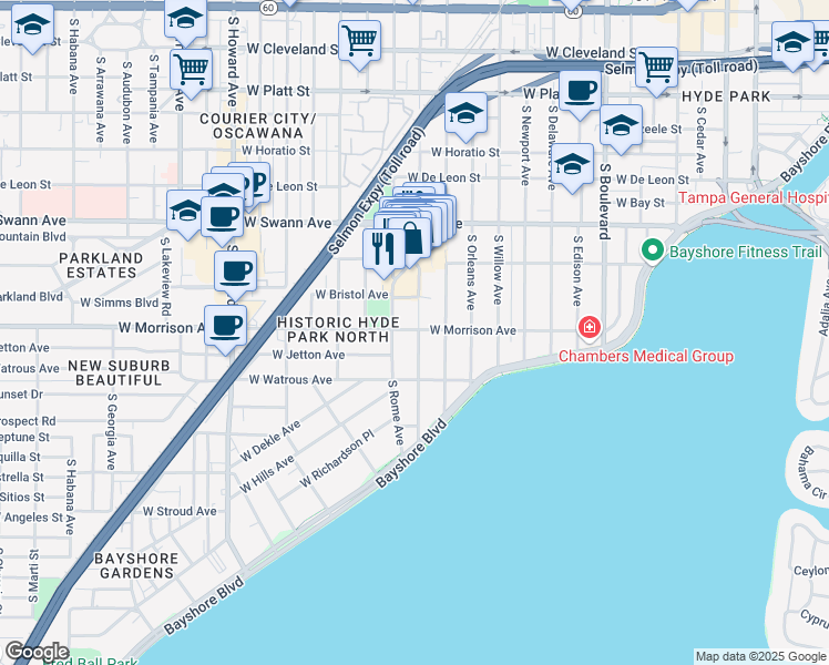 map of restaurants, bars, coffee shops, grocery stores, and more near 907 South Dakota Avenue in Tampa