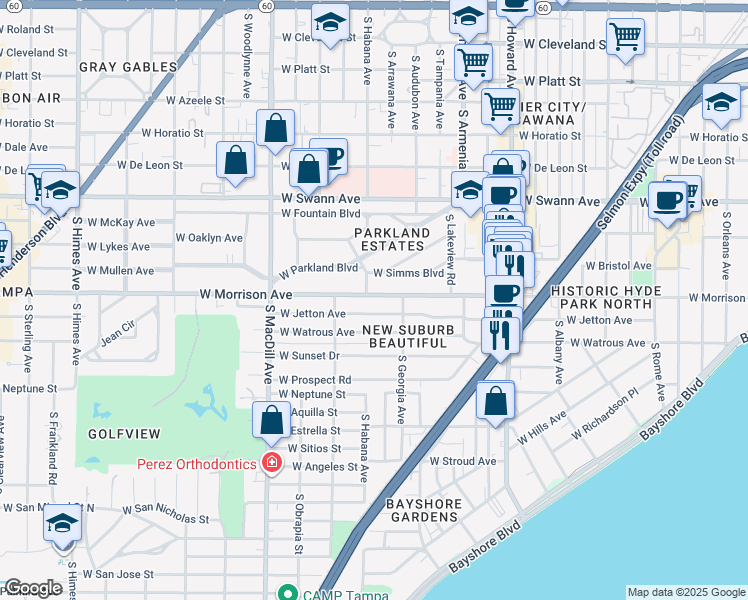 map of restaurants, bars, coffee shops, grocery stores, and more near 2622 West Jetton Avenue in Tampa