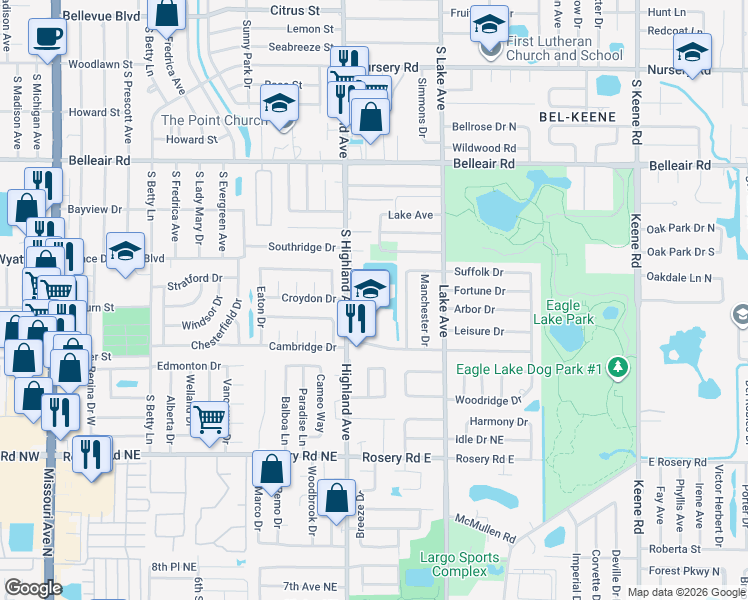 map of restaurants, bars, coffee shops, grocery stores, and more near 1775 South Highland Avenue in Clearwater