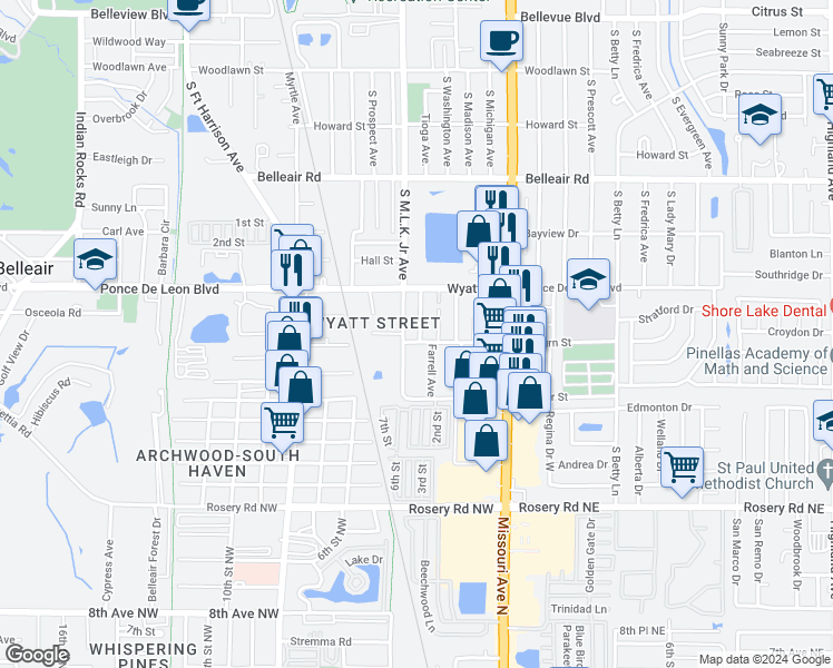 map of restaurants, bars, coffee shops, grocery stores, and more near 1111 Auburn Street in Clearwater