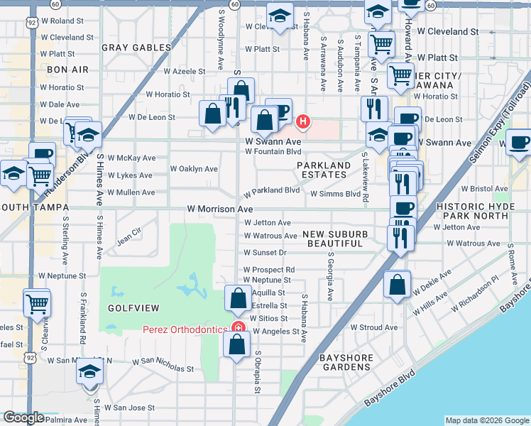 map of restaurants, bars, coffee shops, grocery stores, and more near 2810 West Morrison Avenue in Tampa