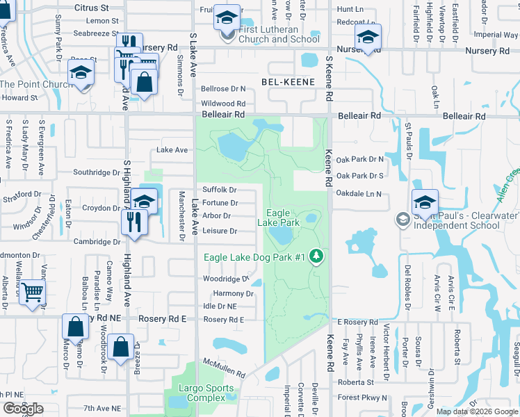 map of restaurants, bars, coffee shops, grocery stores, and more near 1691 Arbor Drive in Clearwater