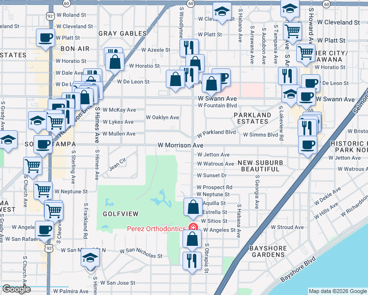 map of restaurants, bars, coffee shops, grocery stores, and more near 1001 South MacDill Avenue in Tampa