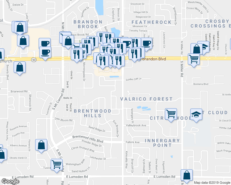 map of restaurants, bars, coffee shops, grocery stores, and more near 219 Regal Park Drive in Valrico