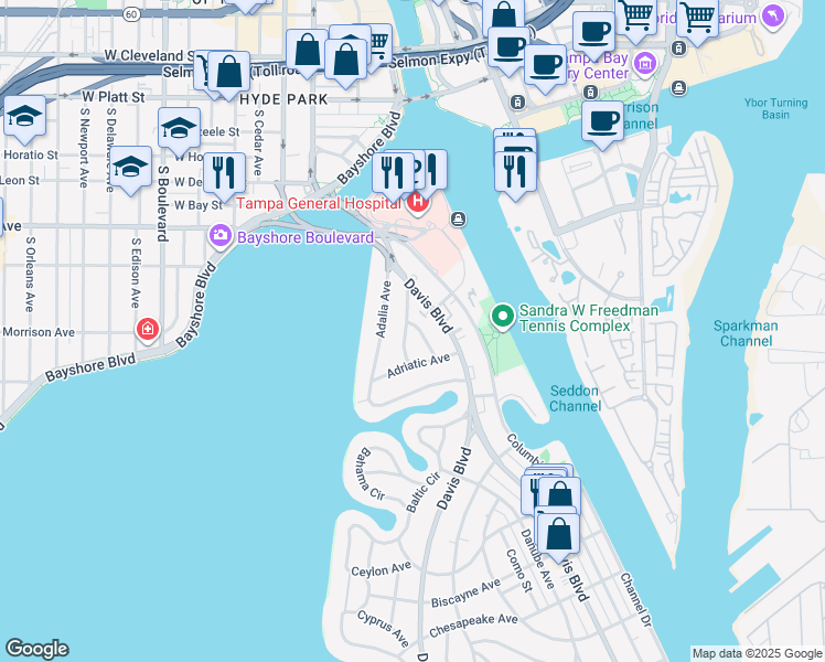 map of restaurants, bars, coffee shops, grocery stores, and more near 54 Aegean Avenue in Tampa