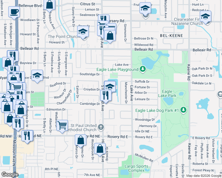 map of restaurants, bars, coffee shops, grocery stores, and more near 1775 South Highland Avenue in Clearwater