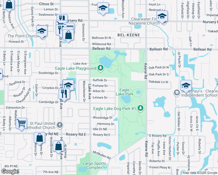 map of restaurants, bars, coffee shops, grocery stores, and more near 1655 Arbor Drive in Clearwater