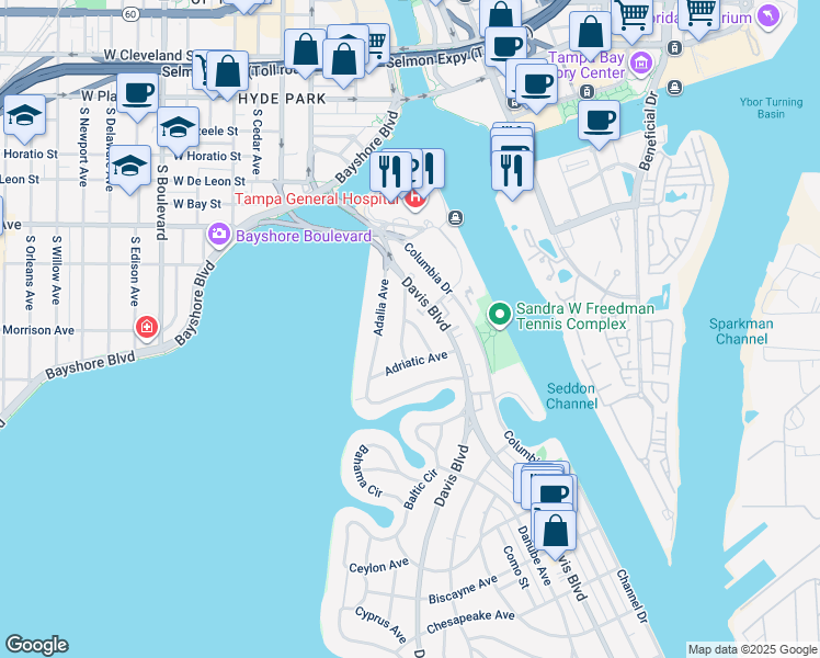 map of restaurants, bars, coffee shops, grocery stores, and more near 54 Aegean Avenue in Tampa