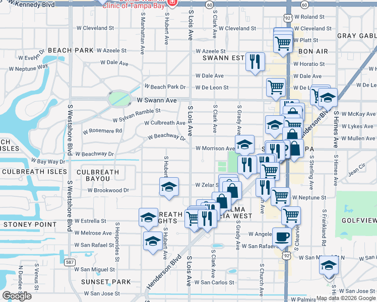 map of restaurants, bars, coffee shops, grocery stores, and more near 4202 West Morrison Avenue in Tampa