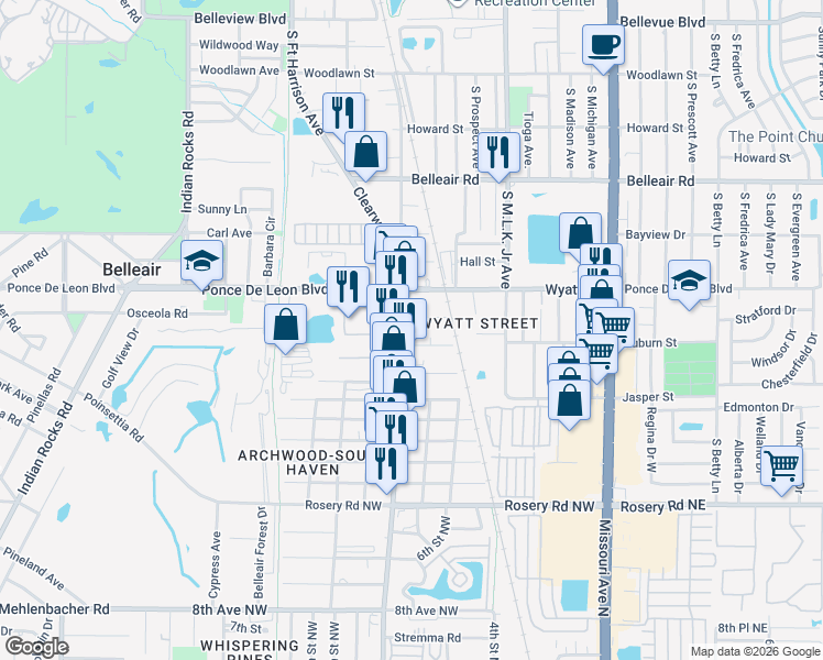 map of restaurants, bars, coffee shops, grocery stores, and more near 1721 Clearwater Largo Road North in Clearwater