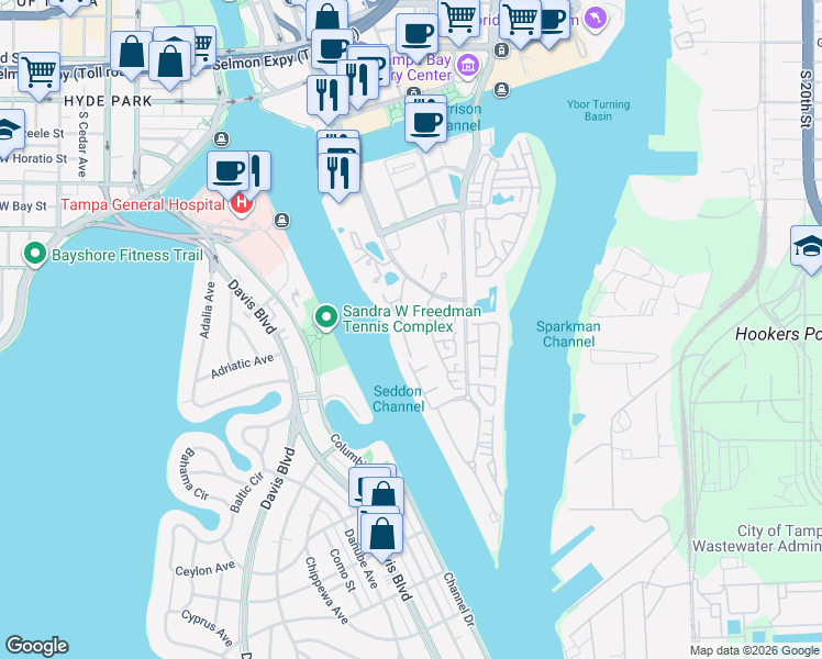 map of restaurants, bars, coffee shops, grocery stores, and more near 912 Anchorage Road in Tampa