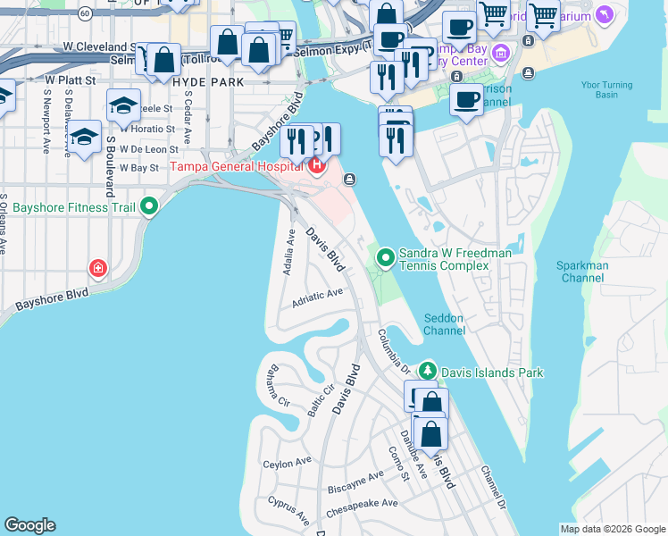 map of restaurants, bars, coffee shops, grocery stores, and more near 43 Davis Boulevard in Tampa