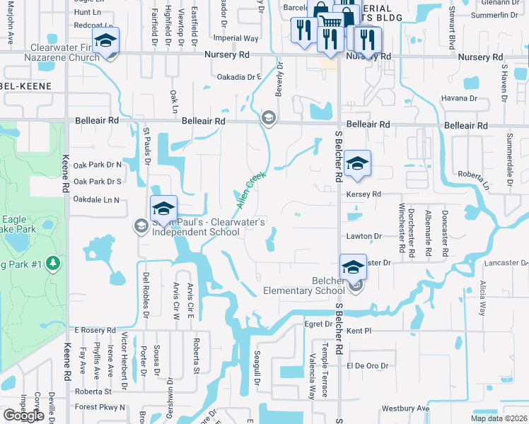 map of restaurants, bars, coffee shops, grocery stores, and more near 1725 Long Bow Lane in Clearwater