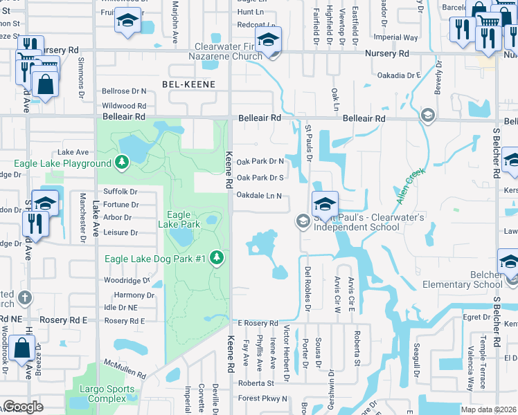map of restaurants, bars, coffee shops, grocery stores, and more near 1844 Oakdale Lane North in Clearwater