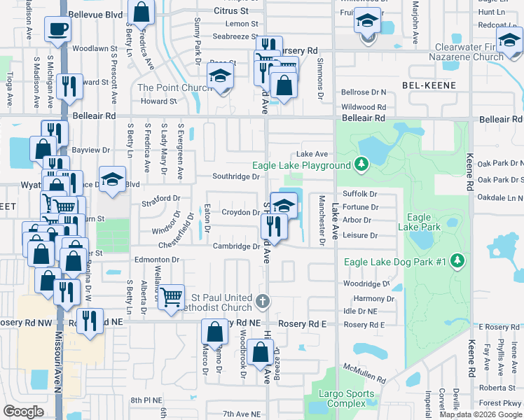 map of restaurants, bars, coffee shops, grocery stores, and more near 1473 Dartmouth Drive in Clearwater