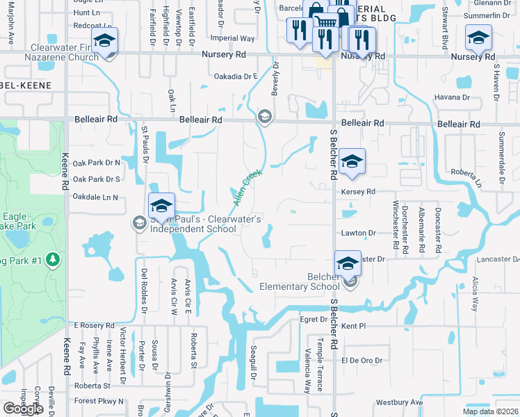 map of restaurants, bars, coffee shops, grocery stores, and more near 1725 Long Bow Lane in Clearwater