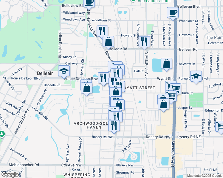 map of restaurants, bars, coffee shops, grocery stores, and more near 0 Belleair Place in Clearwater