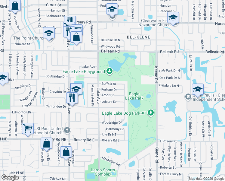 map of restaurants, bars, coffee shops, grocery stores, and more near 1655 Suffolk Drive in Clearwater