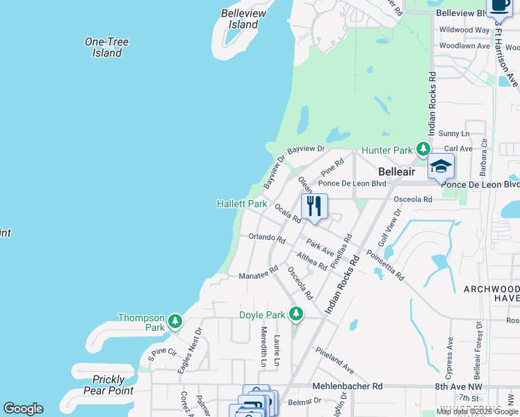 map of restaurants, bars, coffee shops, grocery stores, and more near 325 Bayview Drive in Belleair