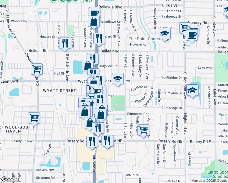 map of restaurants, bars, coffee shops, grocery stores, and more near 1301 Ponce De Leon Boulevard in Clearwater