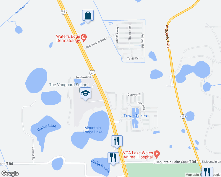 map of restaurants, bars, coffee shops, grocery stores, and more near 103 Tower Point Circle in Lake Wales