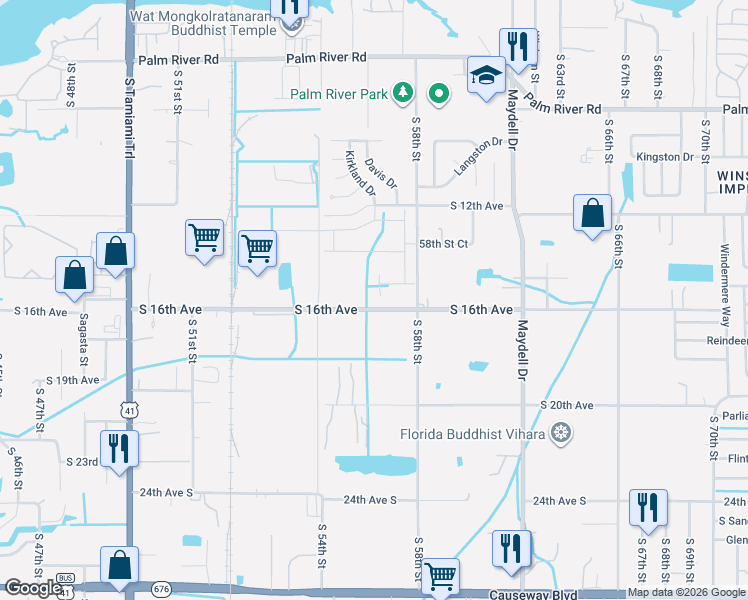 map of restaurants, bars, coffee shops, grocery stores, and more near 5548 South 16th Avenue in Tampa
