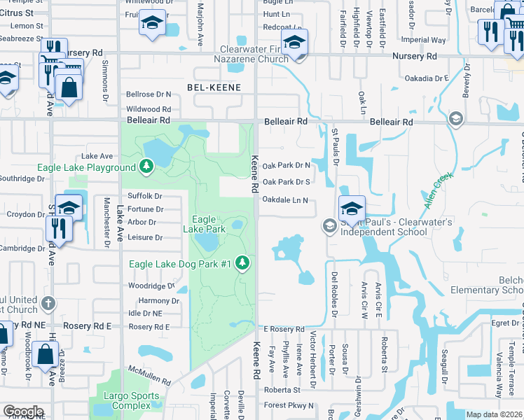 map of restaurants, bars, coffee shops, grocery stores, and more near 1803 Oakdale Lane North in Clearwater