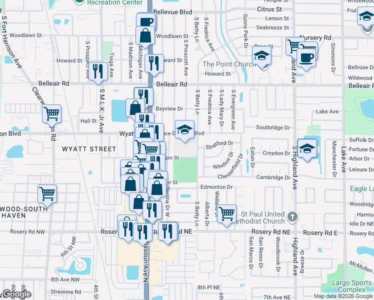map of restaurants, bars, coffee shops, grocery stores, and more near 1301 Ponce De Leon Boulevard in Clearwater