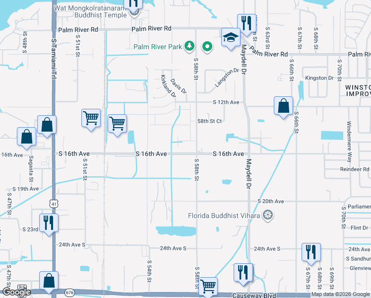 map of restaurants, bars, coffee shops, grocery stores, and more near 5712 South 16th Avenue in Tampa