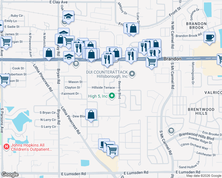 map of restaurants, bars, coffee shops, grocery stores, and more near 319 Kenmore Road in Brandon