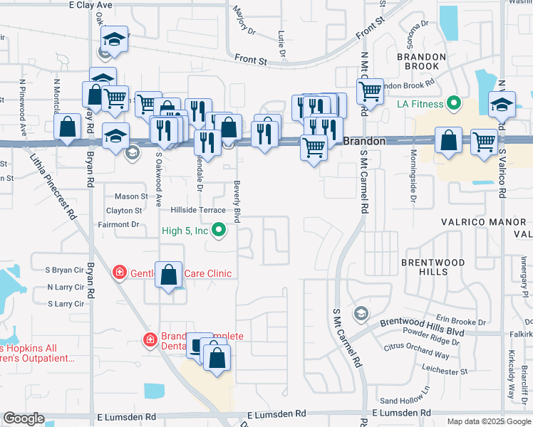 map of restaurants, bars, coffee shops, grocery stores, and more near 1102 Briarwood Road in Brandon